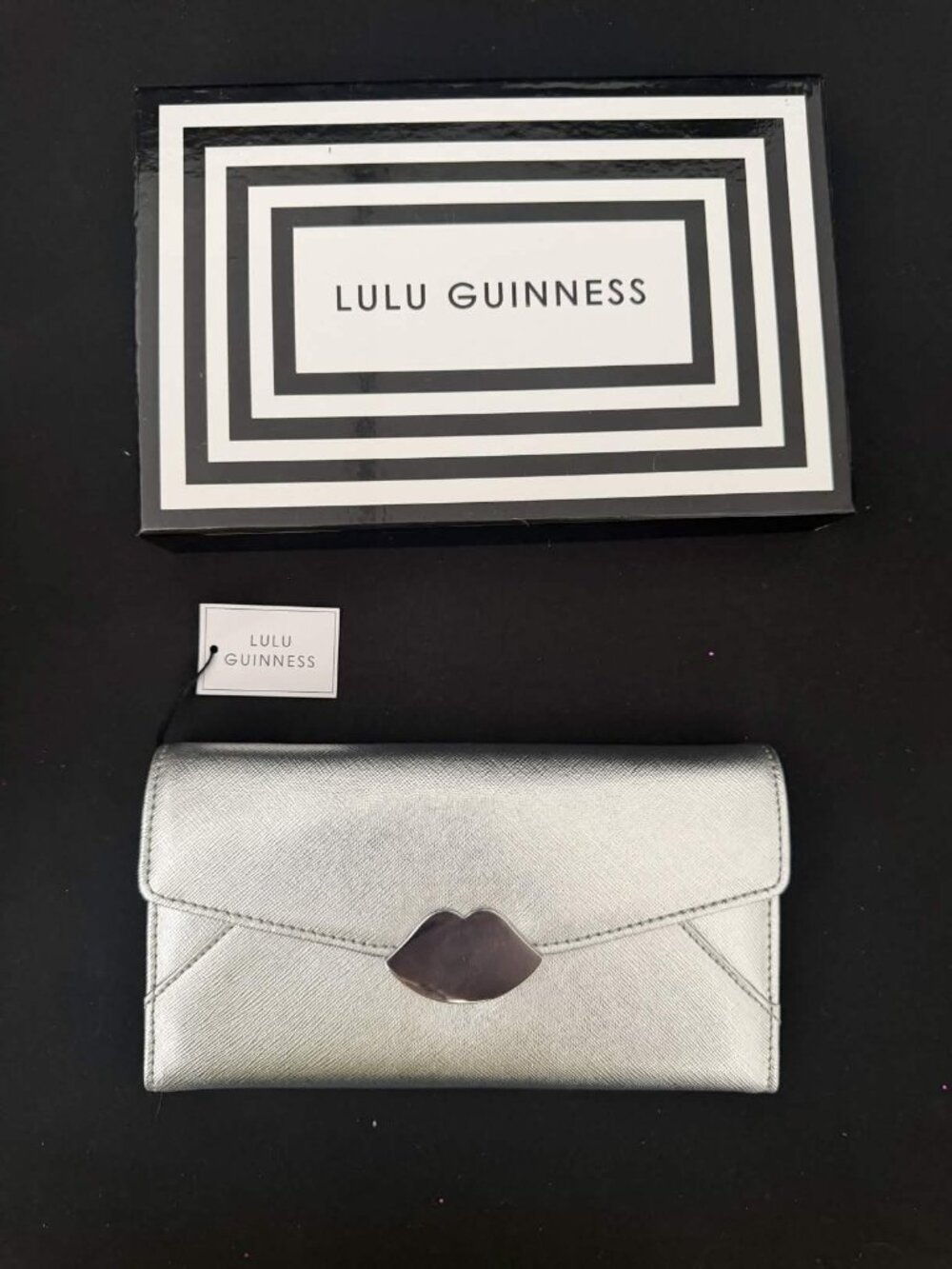 Lulu Guinness Pewter Textured Leather Clutch Wallet NWT/ NWB